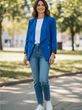 Nine West Cobalt Blue Open-Front Draped Blazer with Zip Details